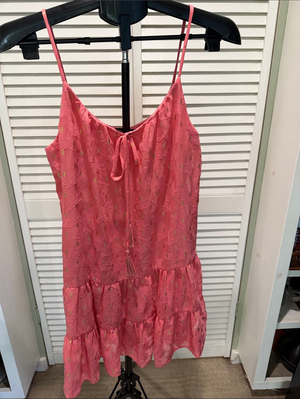 Crystal Doll Coral-Pink / Gold accent Spaghetti Strap Tiered Mini Dress